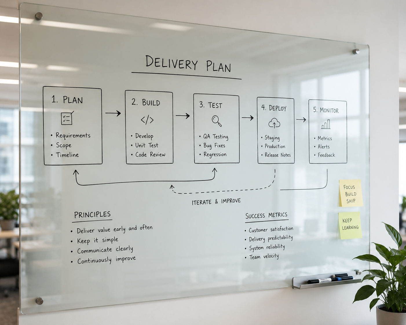 A whiteboard with a hand-sketched delivery plan