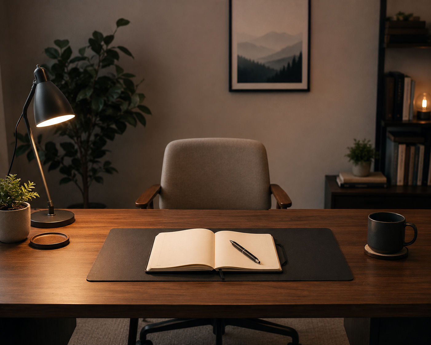 A calm, uncluttered desk ready for a working conversation