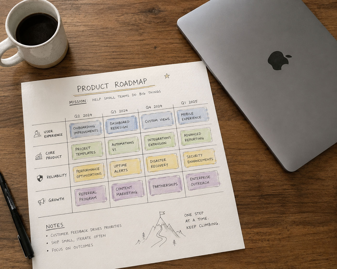 A planning desk: a product roadmap sketched out beside a laptop