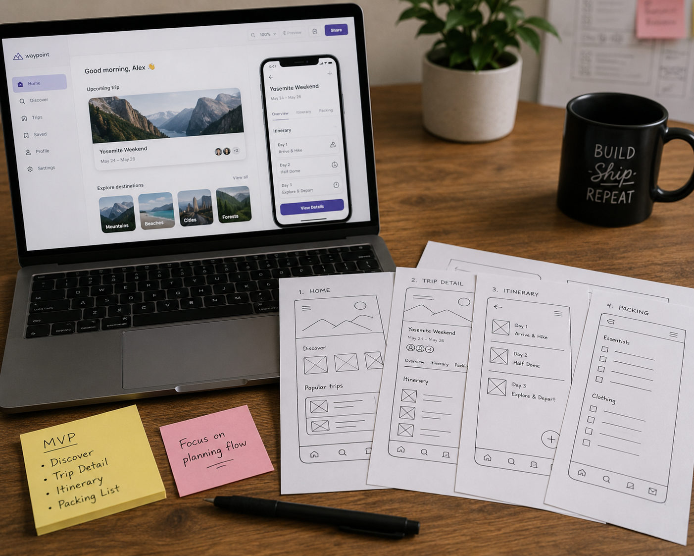 An early app prototype on a laptop beside hand-drawn wireframe sketches