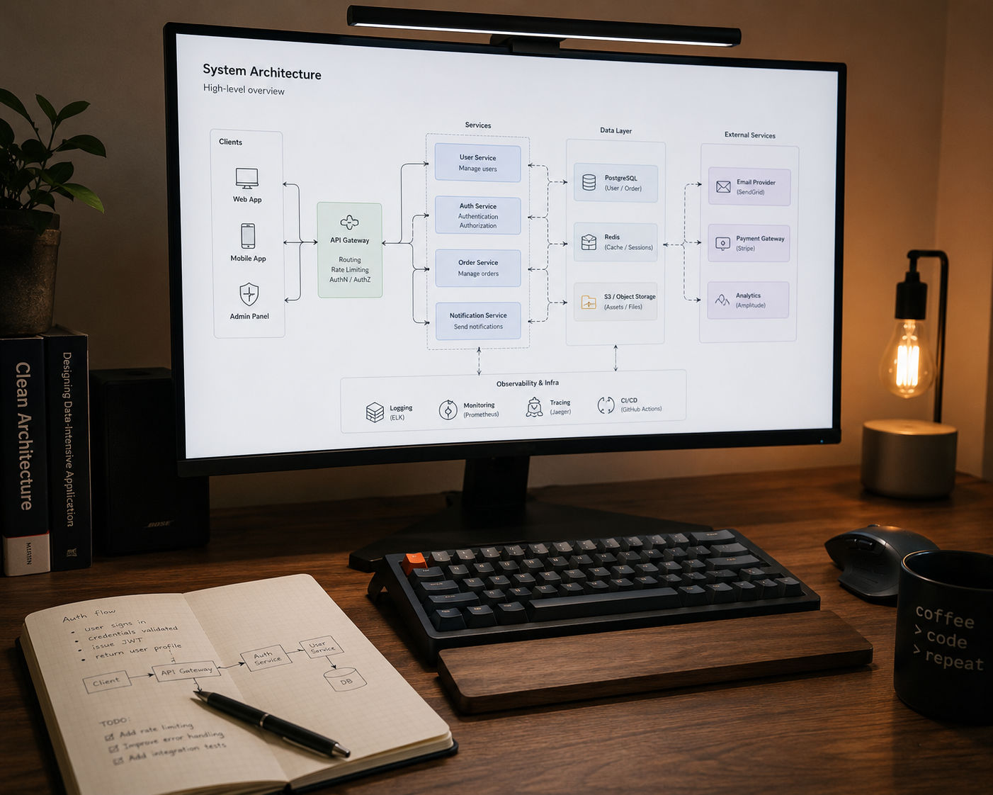 A developer workspace — code and a clean architecture diagram on screen